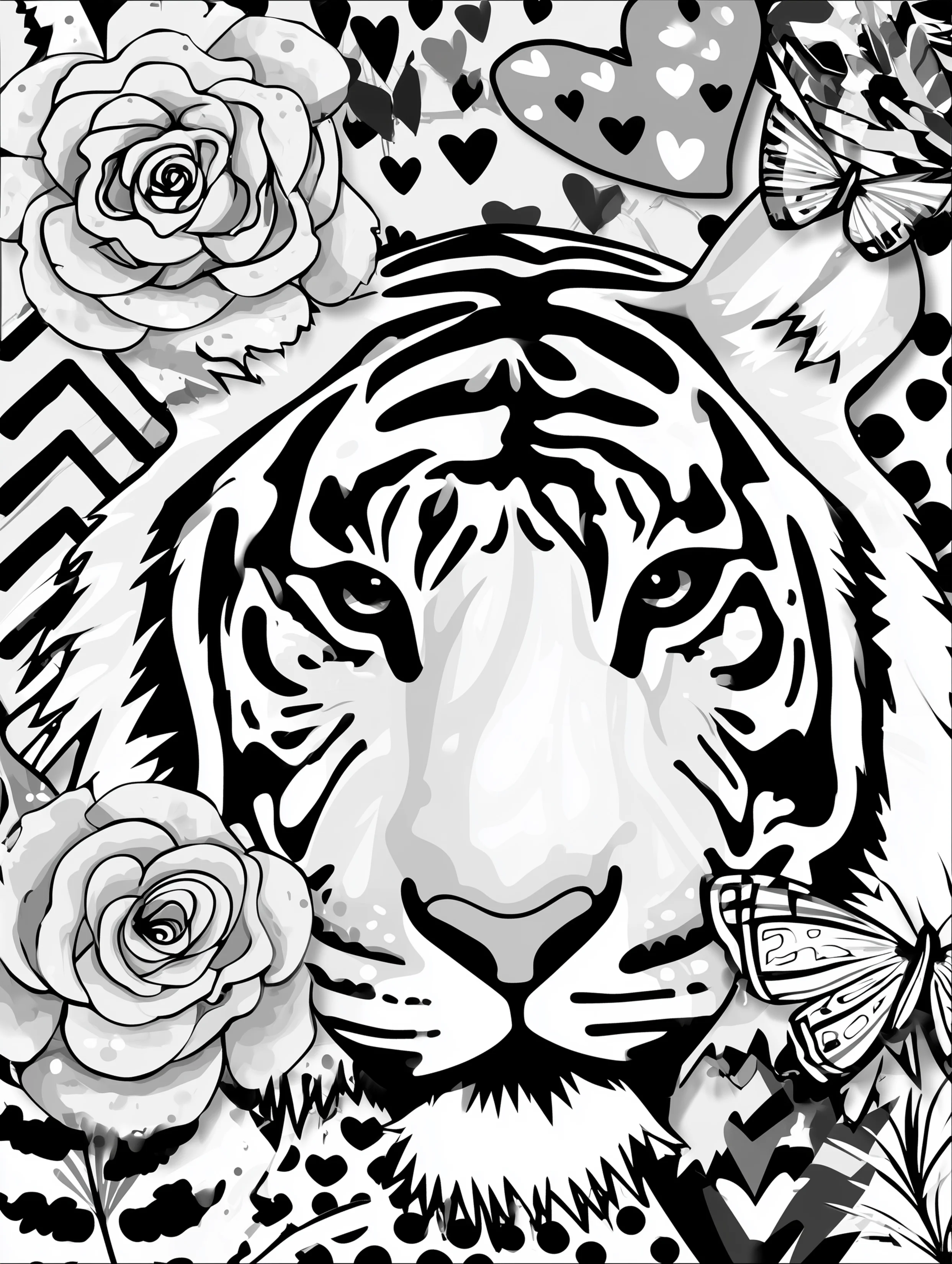 Free printable zoo coloring sheet featuring a tiger face with flowers